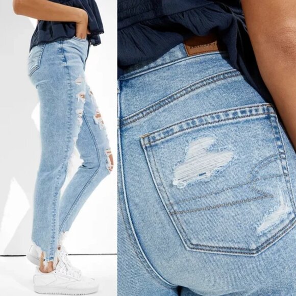 AMERICAN EAGLE AE Stretch Ripped Mom Jean Light Wash High Waisted Distressed 2 - Picture 3 of 16